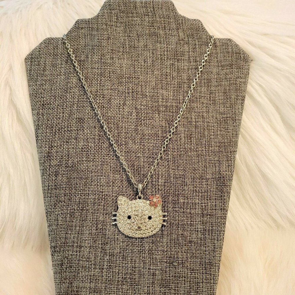 Hello Kitty Necklace Rhinestone Bow Pendant Silver Tone Metal Long Cat‎ 8831